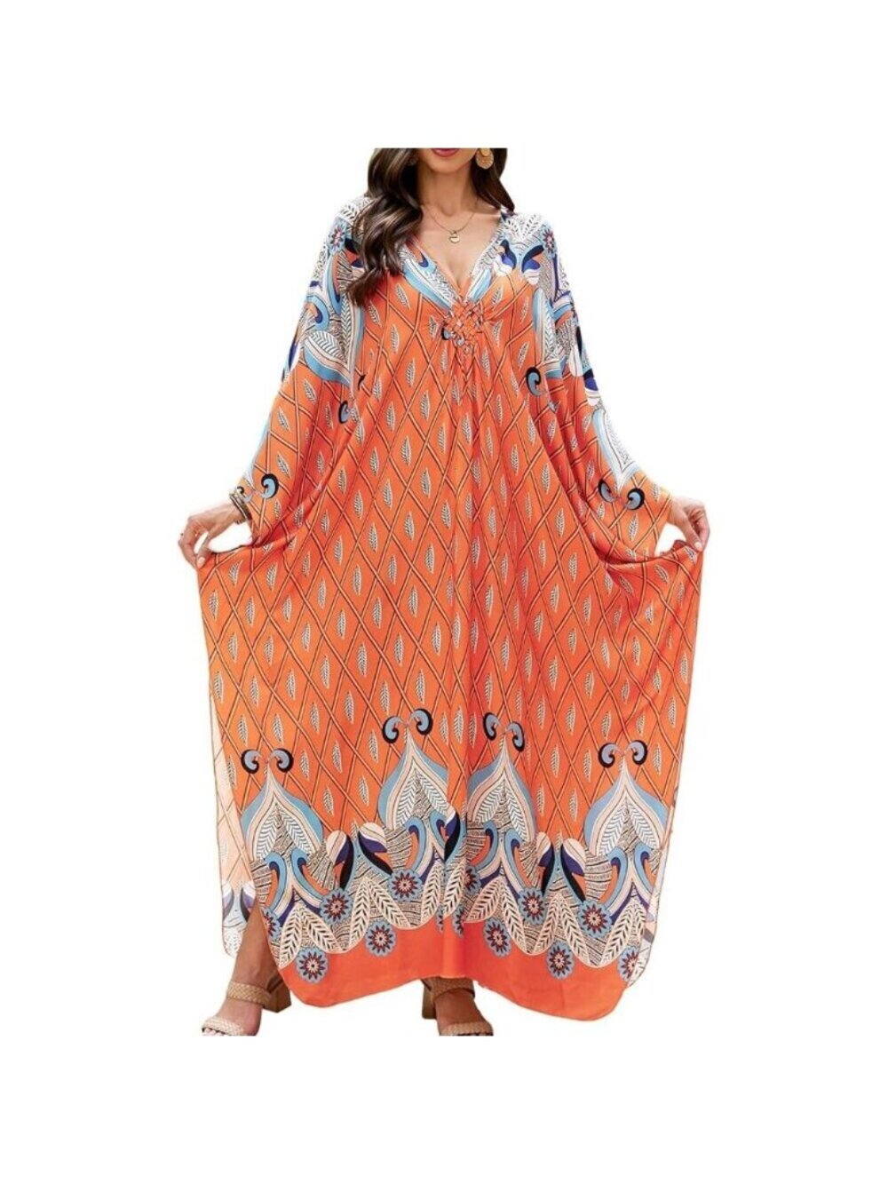 Women's Orange White V-neck Batwing Sleeve Flowy Split Hem Bohemian Kaftan Dress